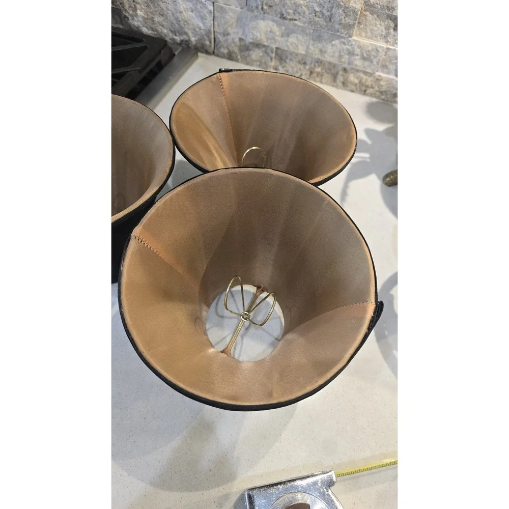 Set of 3 VTG Black Fabric Bell Chandelier Lamp Shades W/ Gold Lining Fitter 5